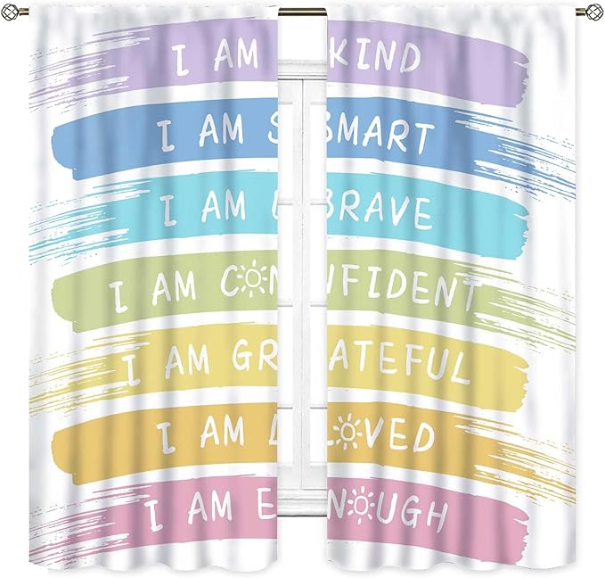 Rainbow Curtains for Classroom, Kids Girls Baby Boho Cute Inspirational Motivational Quotes Cartoon Colorful Pastel Nursery Classroom Bedroom Living Room Bathroom Window Drapes 2 Panels, 84"x84" Inch