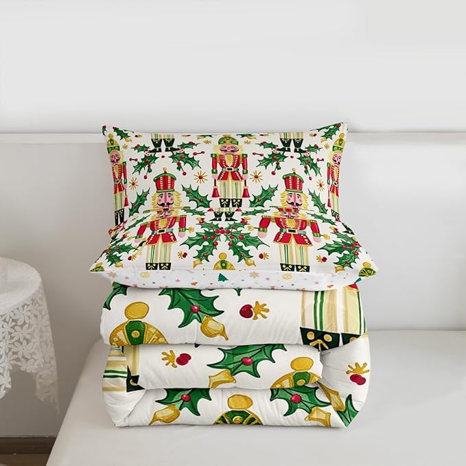 Feelyou Merry Christmas Bedding Set Soft for Boys Girls, Nutcracker Comforter Set King Size Holly Leaves Duvet Quilt Microfiber Red Berries Bedroom Decor 3 Pcs with 2 Pillow Cases