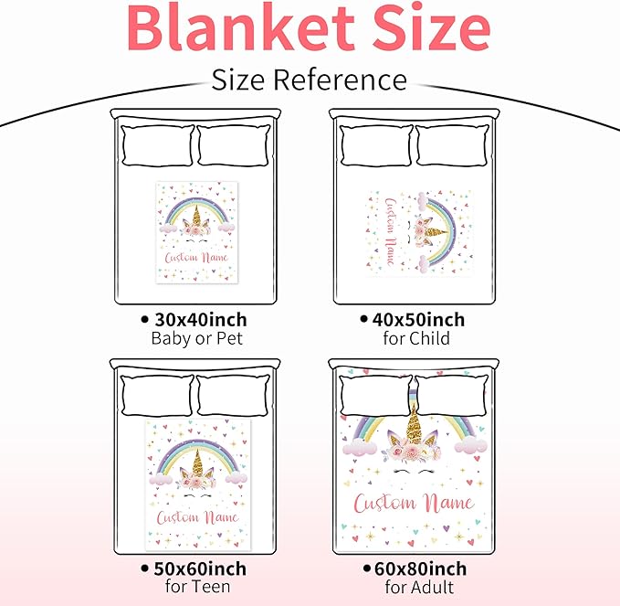 Personalized Unicorn Blanket with Name for Girl, Custom Kids, Soft Flannel Pink Toddler Customized Gift Birthday Christmas Baby Shower Newborn 30'' X 40''