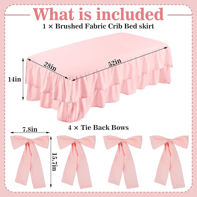 Pink Crib Bed Skirts with 4 Large Cot Bow 28" x 52" Baby Crib Skirt for Boys Girls Nursery Toddler Bed Skirt Dust Ruffle 14" Drop, Double Layer