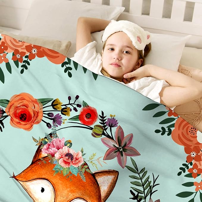 Fox Blanket Flower Fox Print Throw Blanket Ultra Soft Flannel Blankets Gifts for Kids Adults 60"x50"