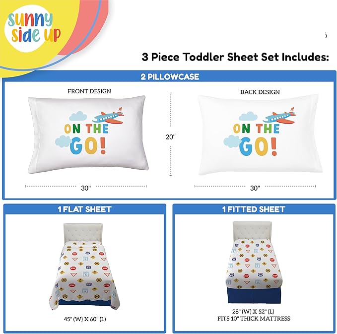 Sunny Side Up On The Go Toddler Sheet Set - 3 Piece Toddler Bedding Set Includes Pillow Cover - Super Soft Microfiber Sheets