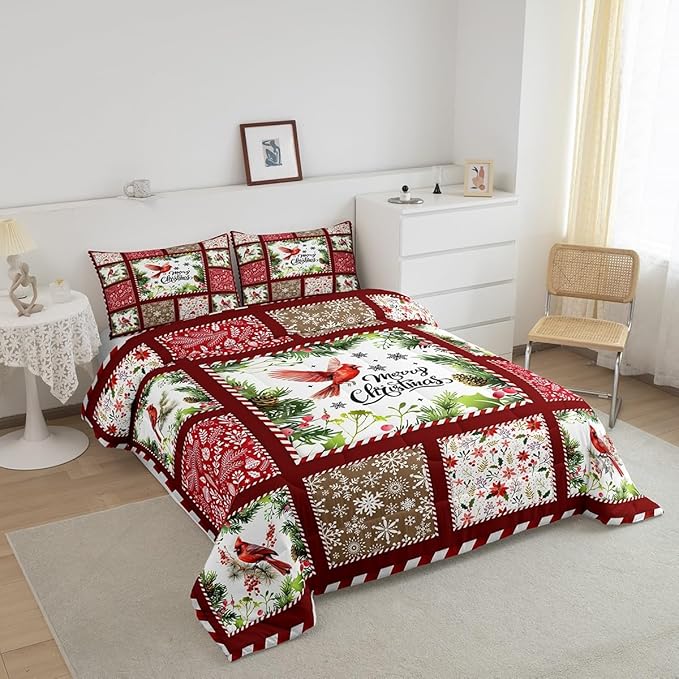Castle Fairy Merry Christmas Comforter Set King Size,Xmas Patchwork Watercolor Cardinal Bird Bedding Set All Season Quilt Set,Floral Leaves Snowflakes Plaid Microfiber Polyester Down Comforter