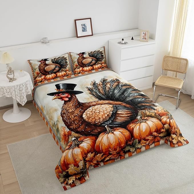 Feelyou Boys Girls Thanksgiving Comforter Cover Twin Size, Fall Autumn Comforter Set for Turkey Duvet Cover Kids Pumpkin Teens Bedspread Cover Bedroom Decor Bed Set 2Pcs