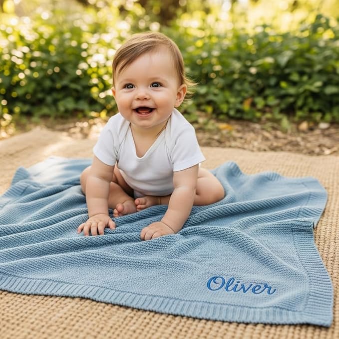 Personalized Baby Blanket with Name - Customized Baby Blanket for Boys & Girls - Embroidered Baby Name Blanket - Monogrammed Newborn Gift - 100% GOTS Certified Organic Cotton (Grey Blue)
