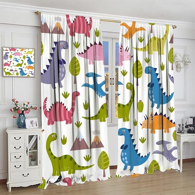 Dino Curtains, Cartoon Style Colorful Dinosaurs Pattern Blackout Window Treatments, Rod Pocket Thermal Insulated Drapes 2 Panel Sets for Kids Bedroom Nursery Classroom, 72" W X 63" L