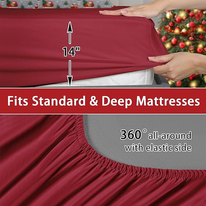 7 Pcs Full Size Christmas Comforter Set with 2 Pillowcases & 2 Shams, Red Cartoon Truck Bedding for Kids and Adults, Merry Winter Pine Tree Bed in a Bag with Flat Fitted Sheet