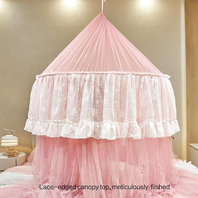 AIKASY Princess Bed Canopy for Girls – Double Layer Sheer Mesh Dome with Romantic Lace Trim, Dreamy Mosquito Net Tent for Twin/Full/Queen/King Beds(Coral)