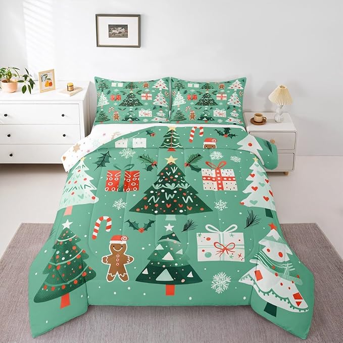 Feelyou Christmas Bedding Set Soft for Boys Girls, Xmas Tree Snowflake Comforter Set Twin Size Gingerbread Man Duvet Quilt Microfiber New Year Gift Bedroom Decor 2 Pcs with 1 Pillow Cases