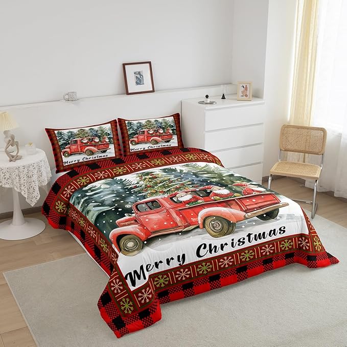 Merry Christmas Bedding Set Full Size,Retro Red Truck Christmas Tree Comforter Set for Kids Boys Girls Room Decor,Gnome Snowflake Xmas Duvet Insert 3Pcs,Black Red Plaid Quilt Set,2 Pillowcases