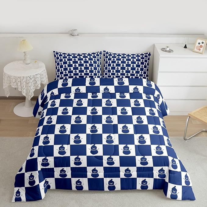 Feelyou Christmas Comforter Set All Season Checkered Bedding Set with 2 Pillow Cases Snowman Kids King Bedclothes Xmas Decorations Bedroom Decor Blue Duvet Quilt Breathable Soft Lightweight
