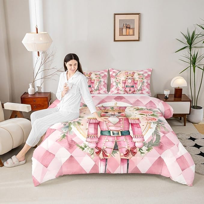 Feelyou Christmas Comforter Set All Season Pink Nutcrackers Bedding Set with 1 Pillow Cases Rose Kids Toddler Bedclothes Floral Bedroom Decor Funny Nutcracker Duvet Quilt Breathable Soft Lightweight
