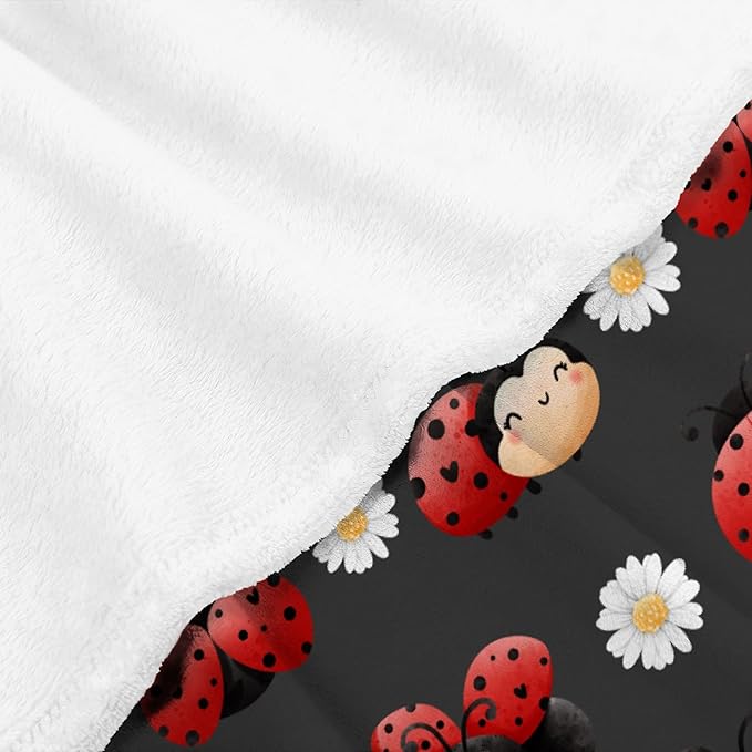 Thuswarm Cute Watercolor Ladybugs Grey Flannel Throw Blanket Warm Cozy Soft Funny Print Blankets for Bed Couch Sofa Room Decoration Gifts 120”×90” Extra Large for Family