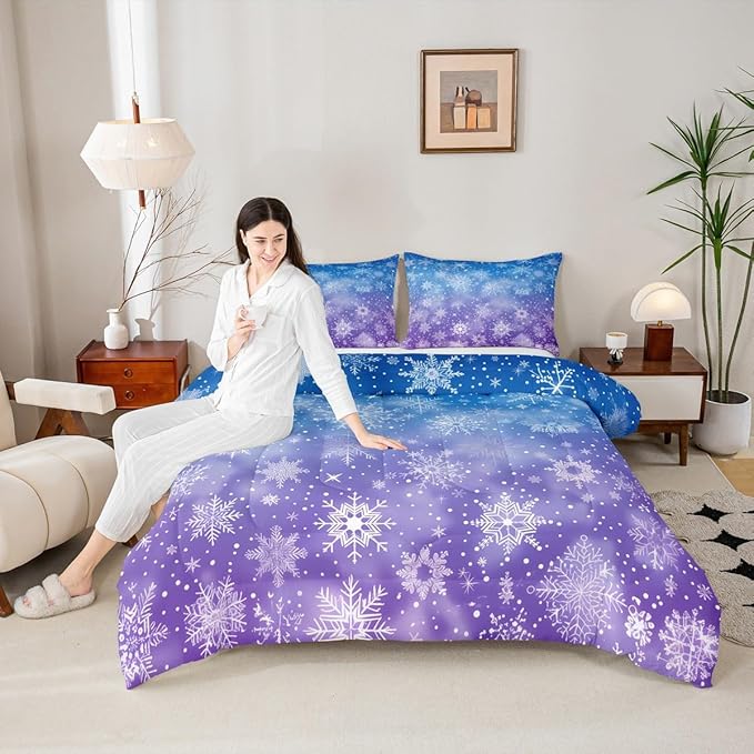 Feelyou Christmas Bedding Set Soft for Boys Girls, Winter Snowflake Comforter Set Full Size Purple Blue Gradient Duvet Quilt Microfiber Bedroom Decor 3 Pcs with 2 Pillow Cases