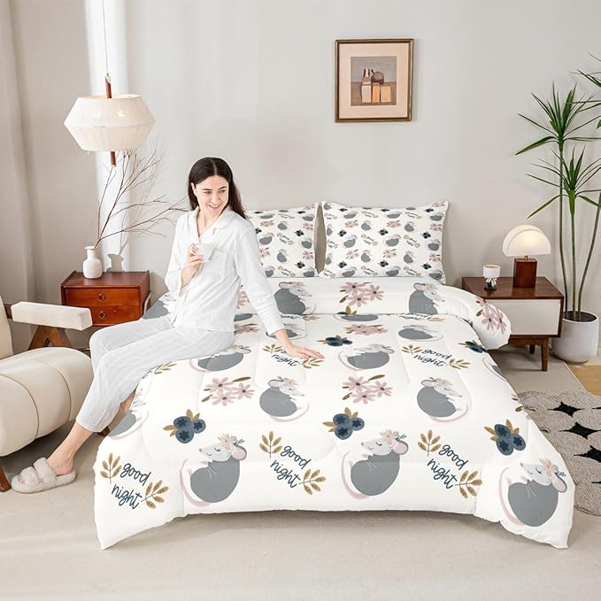 Castle Fairy Cute Opossum 3 Pcs King Size Comforter Set,Cartoon Animals Down Alternative Adults Bedroom Decor,Watercolor Flower Plant Ultra Soft Microfiber Inner Fill 3Pcs Bedding
