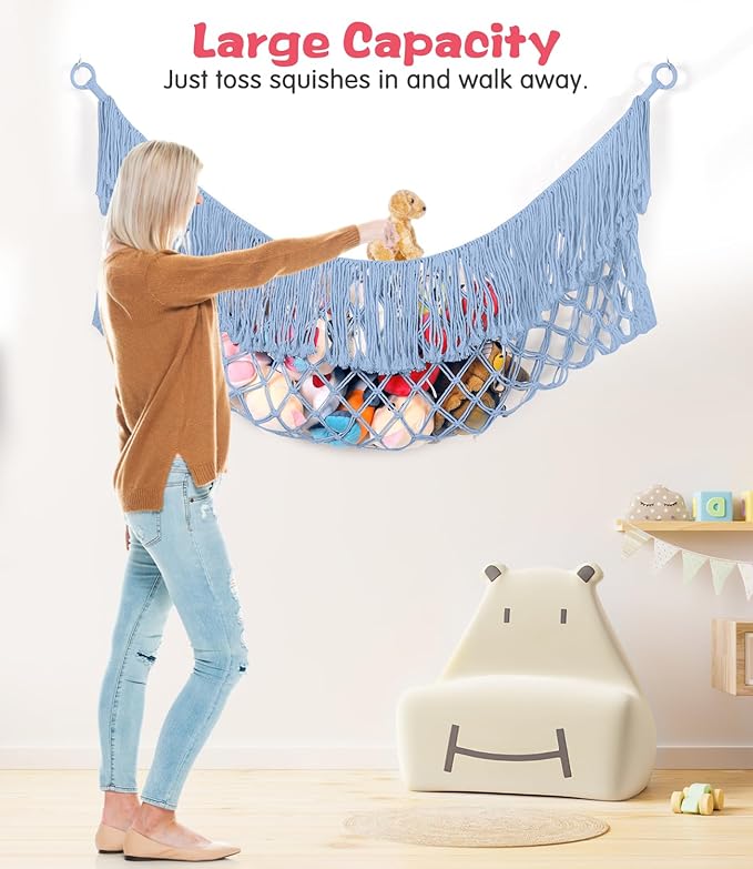 Stuffed Animal Hammock - Extra Large 56'' Long, Stuffed Animal Storage, stuffed animal Holder net, Toy Hammock Large, Toy Storage Hanging Organizer - Light blue
