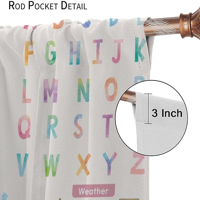 Kids Educational Alphabet Curtain,Boho Watercolor Alphabet Pastel Numbers Shapes Colors for Girls Child Nursery Home Kids Printed Rod Pocket Blackout Window Drapes for Bedroom Living Room 55"W X 63"L