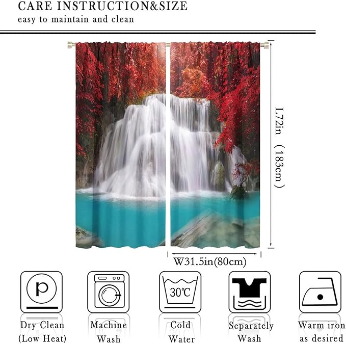 Red Forest Waterfall Blackout Windows Curtains, Tree Landscape Woodland Scenic Nature Fall Scenery Art Printed Curtains, for Living Room Bedroom 63x72in 2 Panels