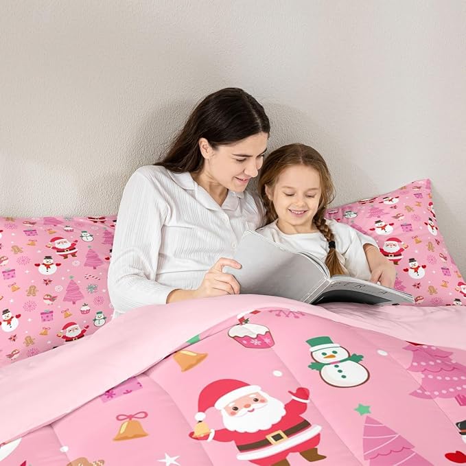 Feelyou Christmas Kids Comforter Set King Size Happy New Year Bedding Set Santa Claus Duvet Quilt for Kids Boys Girls Bedroom Merry Christmas Decor Microfiber Ultra Soft Breathable