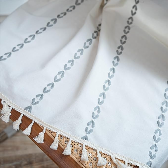 Deeprove Light Gray Boho Curtains 96 inches Long for Bedroom, Vintage Privacy Bohemian Embroidery Light Filter Cotton Linen Stripes French Country Tassel Window Treatments Decor, W52 x L96, 1 Panel