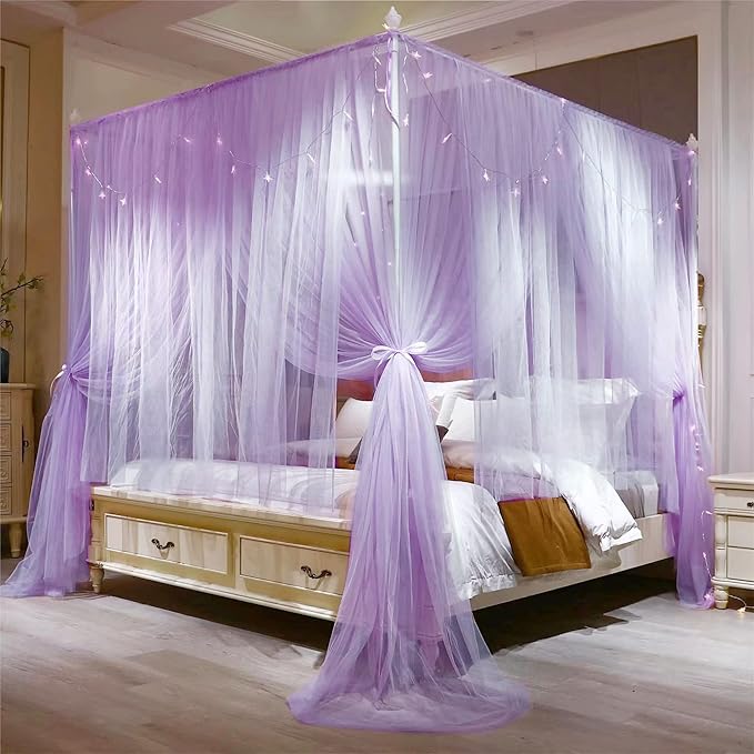VETHIN 4 Corners Post Princess Bed Canopy Curtain Double Layer Cozy Drape Netting 4 Opening Mosquito Net for Girls & Adults Bedroom Decoration Accessories (Double Purple,59" W*82" L*82"*H/(Queen))