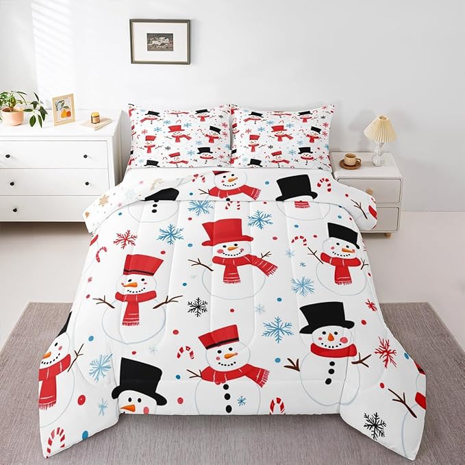Feelyou Merry Christmas Comforter Set All Season Snowman Bedding Set with 1 Pillow Cases Winter Holiday Microfiber Kids Twin Bedclothes New Year Gift Bedroom Decor Duvet Quilt Soft Lightweight