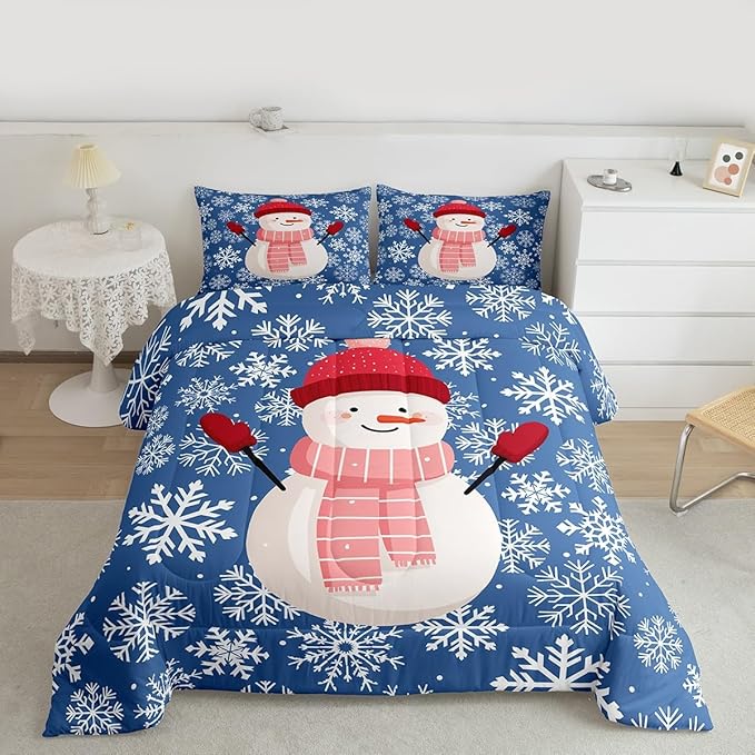 Feelyou Christmas Comforter Set Full Size Snowman Blue Bedding Set for Kids Boys Girls Xmas Snowflakes Duvet Quilt Winter Snow Bedroom Decor Microfiber 3 Pcs with 2 Pillow Cases