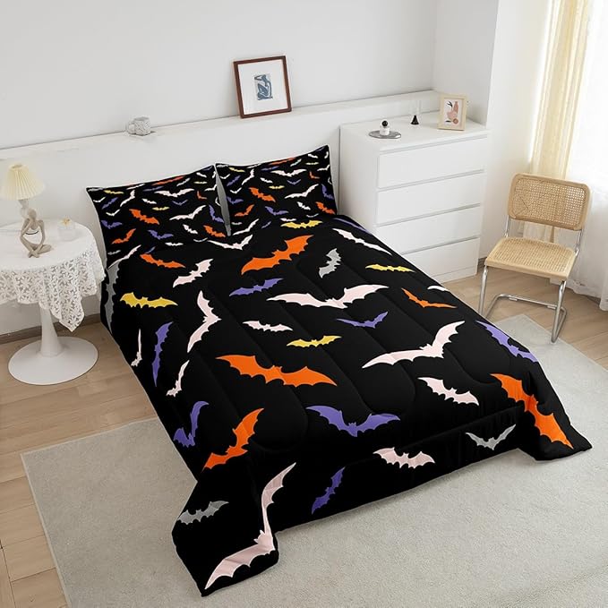 Erosebridal Bat Quilt Halloween Bedroom Decor Bedding Set King Size for Kids Teens Adults Bedroom Purple Gothic Bat Comforter Set with 2 Pillow Cases,Spooky Duvet Insert