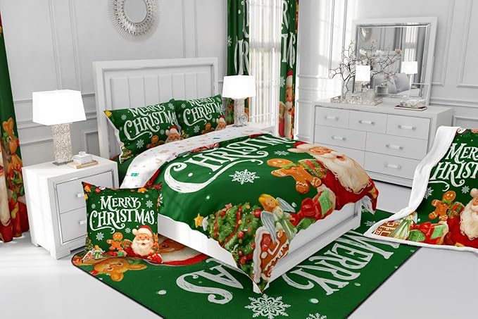 Feelyou Green Christmas Comforter Set All Season Santa Claus Bedding Set with 1 Pillow Cases Gingerbread Microfiber Kids Toddler Bedclothes Bedroom Decor Duvet Quilt Breathable Soft