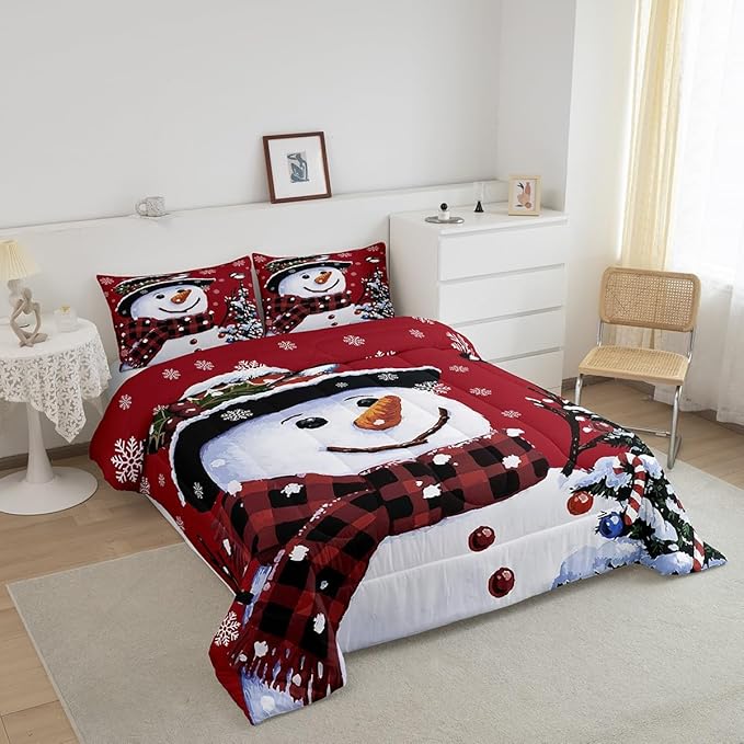 Feelyou Kids Christmas Theme Decorations Bedding Set Xmas Snowman Comforter Set for Boys Girls Red Bedroom Collection Queen Size