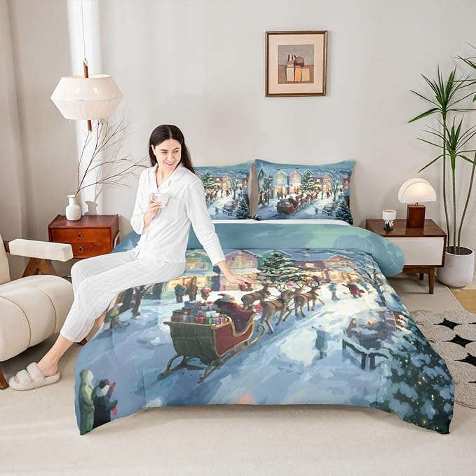 Feelyou Watercolor Christmas Comforter Set Toddler Size Santa Claus Bedding Set for Kids Boys Girls Reindeer Sled Duvet Quilt Xmas Tree Bedroom Decor Microfiber 2 Pcs with 1 Pillow Cases