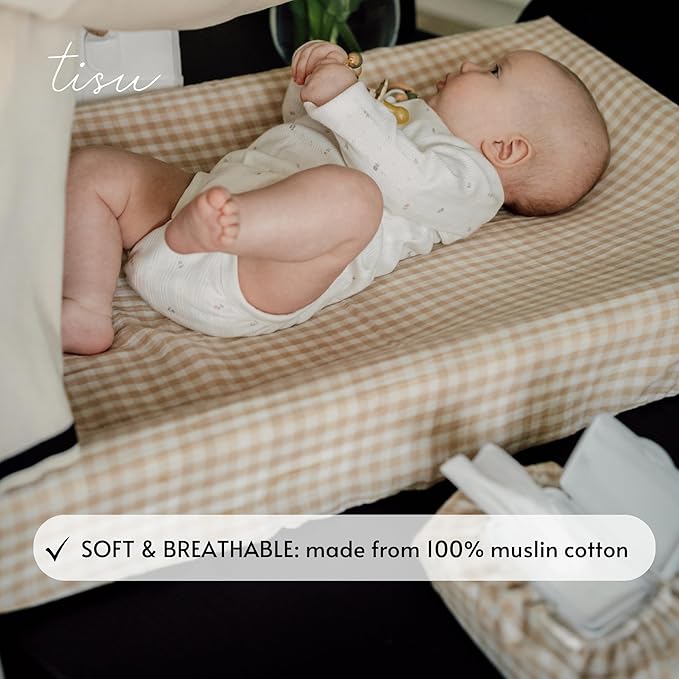 TISU Muslin Changing Pad Cover for Baby Girls Boys, Premium Soft Breathable Cotton in Gingham Pattern, Diaper Change Table Pad Cover (Beige Gingham)