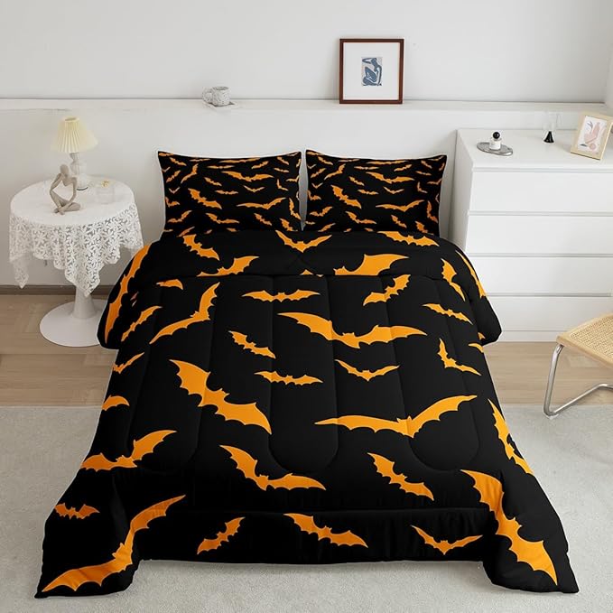 Erosebridal Bat Quilt Happy Halloween Decor Comforter Set Queen Size for Kids Boys Youth Gothic Spooky Bedding Set Orange Bats Silhouette Duvet Insert with 2 Pillow Cases