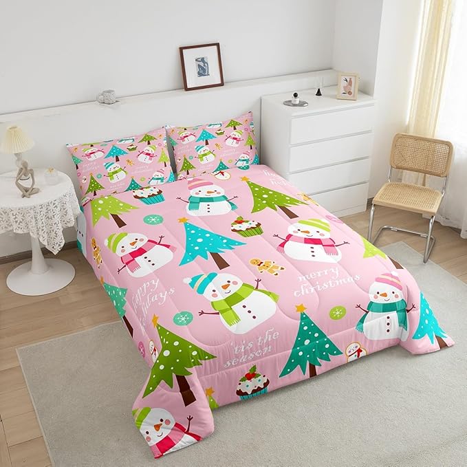 Erosebridal Merry Christmas Comforter Set for Kids, Pink Xmas Decor Bedding Set King Size, Cartoon Snowman Quilts Christmas Tree Down Comforter for Girls Boys Teens Bedroom Decor