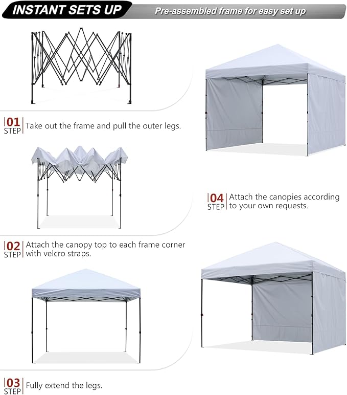 ABCCANOPY Easy Pop up Canopy Tent with 2 Sidewalls for Outdoor Sun Blocking or Rain Protection,10x10, White