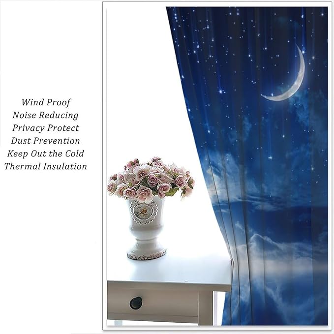 Star Night Sky Blackout Curtains, Moon Foggy Clouds Landscape Theme Print Window Drapes for Kids Girls Bedroom Living Room 63" W X 72" L