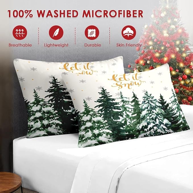 7 Pcs Queen Size Christmas Comforter Set with 2 Pillowcases & 2 Shams, Countryside Nature Snowy Bedding for Kids and Adults, Winter Forest Green Pine Tree Bed in a Bag with Flat Fitted Sheet