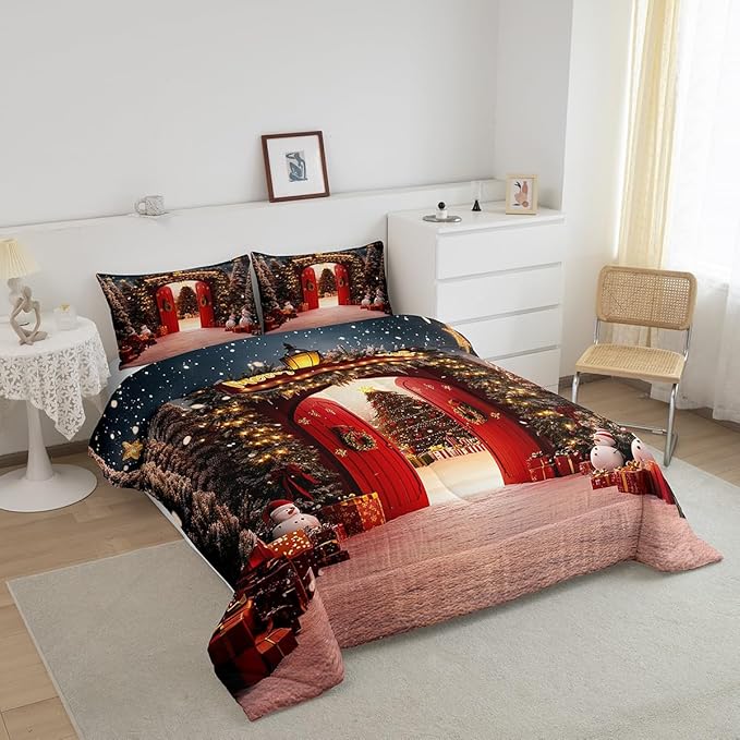 Feelyou Merry Christmas Bedding Set for Kids Boys Girls Queen Size Christmas Tree and Snowman Comforter Set Ultra Soft Comforter Snowflake Duvet Quilt Bedroom Decor Decorations Quilt