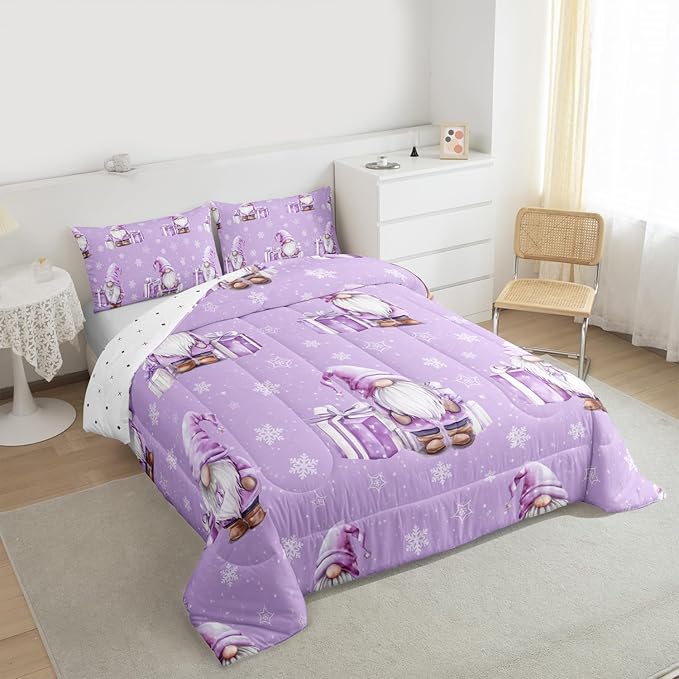 Feelyou Purple Christmas Kids Comforter Set Toddler Size Scandinavian Christmas Santa Gnomes Bedding Set Xmas Snowflake Duvet Quilt for Kids Boys Girls Bedroom Decor Ultra Soft Breathable