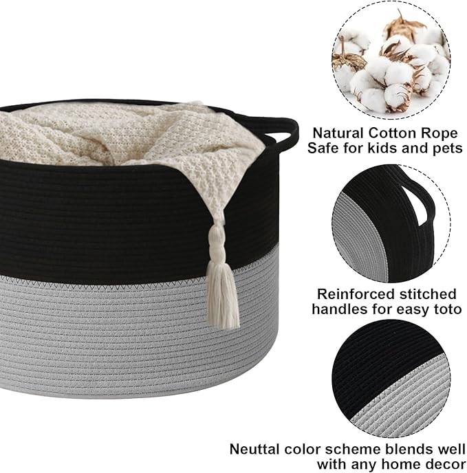 Large Blanket Basket for Organizing,115L Closet Organizers and Storage Bins Box for Shelves Woven Rope Storage Baskets,Living Room,Bedroom,Dorm,Laundry room (Black&Light Grey)