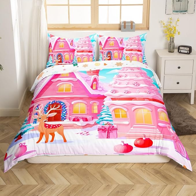 Feelyou Christmas Pink Comforter Cover Set Cute Deer Print Bedding Set Toddler Size for Kids Boys Girls Bedroom Bed Decor Xmas Christmas Duvet Cover Soft Bedspread Cover,No Comforter