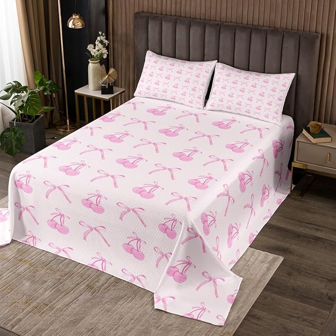 Manfei Cartoon Bowknot Kids Bedspread Queen Size,Pink Bow Tie Butterfly Knot Princess Coverlet Set,Girls Women Room Decor,Cherry Bow Patchwork Quilted Coverlet,Romantic Bedding Quilt,2 Pillowcases