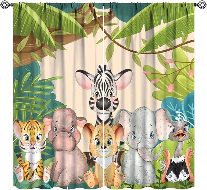 Animals Curtains Colorful Forest Cartoon Cute Zebra Tiger Elephant for Kids Boys Girls Nursery Bedroom Living Room Blackout Rod Pocket Decoration Window Drapes 2 Panels W31.5xL63in