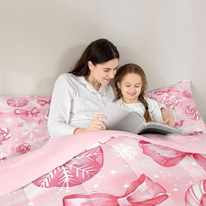 Feelyou Pink Bow Comforter Set Queen Size Pink Lollipops Bedding Set for Kids Boys Girls Watercolor-Style Duvet Quilt Xmas Snowflake Bedroom Decor Christmas Microfiber 3 Pcs with 2 Pillow Cases