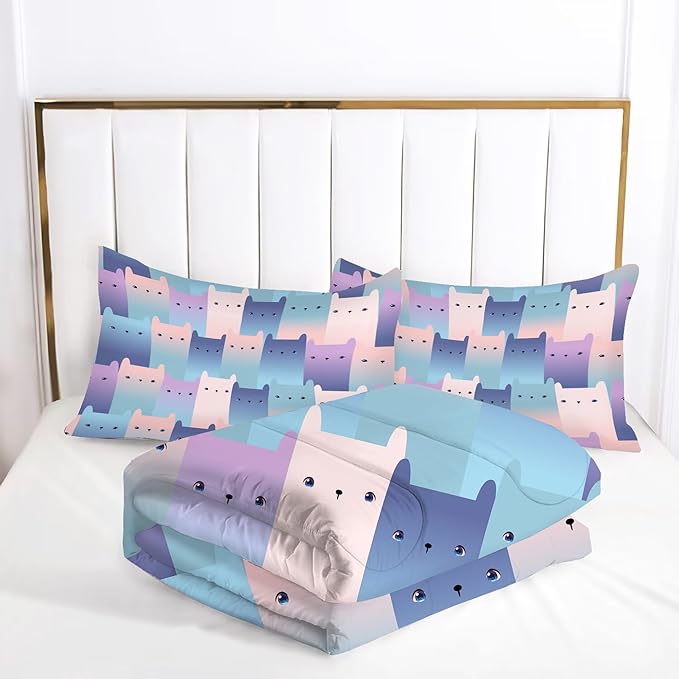 Cat Comforter Set Full: Kawaii Gradient Cats Print Bedding Set Full Size for Teen Girls Kids Room Decor Blue Pink Cute Kittens Quilt Bed Sets 1 Comforter & 2 Pillowcases