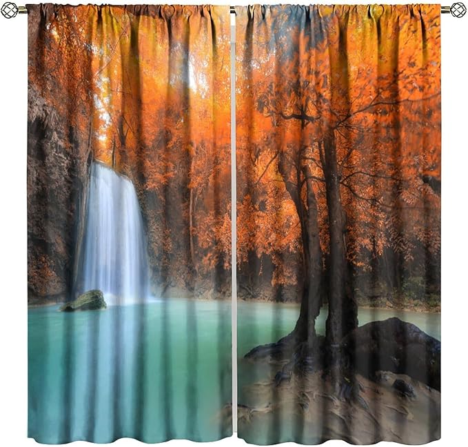Forest Waterfall Blackout Curtains, Fall Leaves Trees Jungle Autumn Stream Country Nature Landscape Scenery Window Drapes, for Bedroom Living Room 42" W X 63" L
