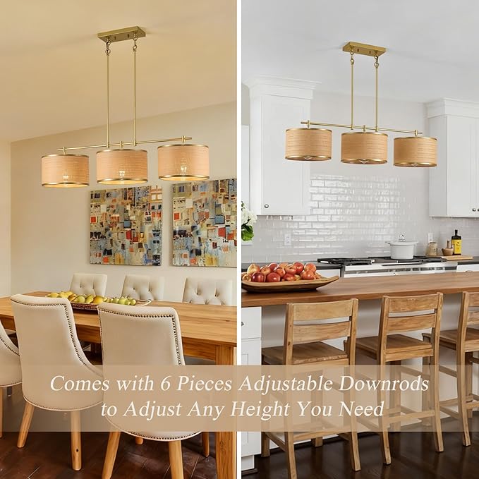 41" Dining Room Light Fixtures Over Table with 3-Light Island Lights for Kitchen,Boho Large Linear Chandelier,Gold Drum Woven Rattan Chandelier（Height Adjustable）