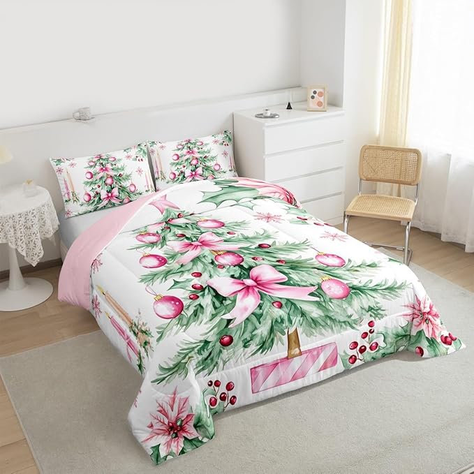 Feelyou Pink Christmas Comforter Set Queen Size Xmas Tree Bedding Set for Kids Boys Girls Xmas Ornaments Duvet Quilt Snowflake Bow Bedroom Decor Microfiber 3 Pcs with 2 Pillow Cases