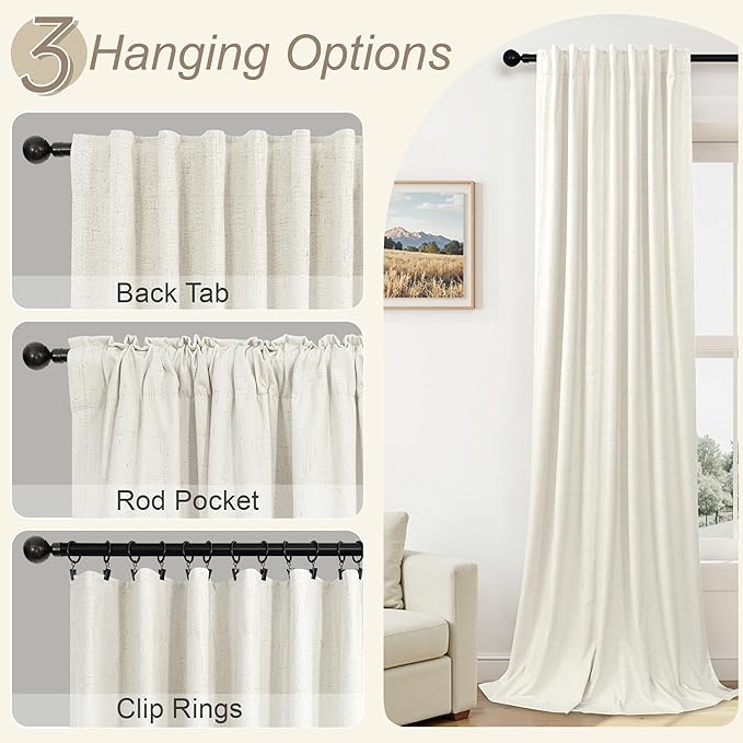 Pitalk Modern Farmhouse Curtains for Living Room 96 Inch Length Linen Cotton Textured Blackout Thermal Window Coverings Cream Drapes for Winter Insulation 2 Panel Curtain 42 x 96 Long Ivory Off White