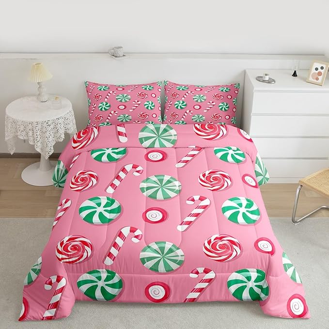 Feelyou Christmas Comforter Set Full Size Candy Bedding Set for Kids Boys Girls Xmas Theme Duvet Quilt Bedroom Decor Microfiber 3 Pcs with 2 Pillow Cases